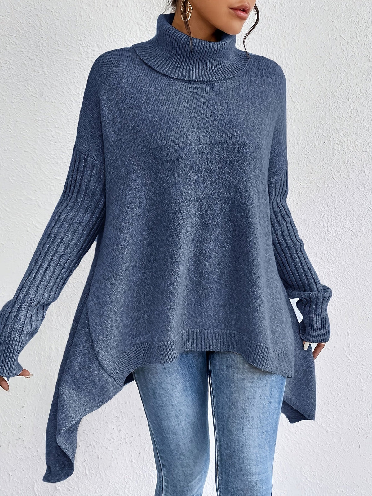 Audrey | Women's High Neck Asymmetrical Drape Knit Sweater