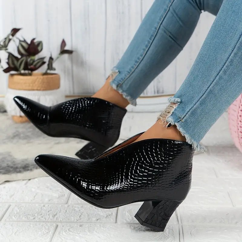 Mia | Women's Pointed Toe Croc Block Heel Ankle Boots