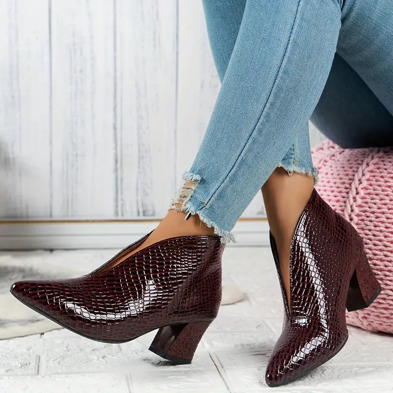 Mia | Women's Pointed Toe Croc Block Heel Ankle Boots