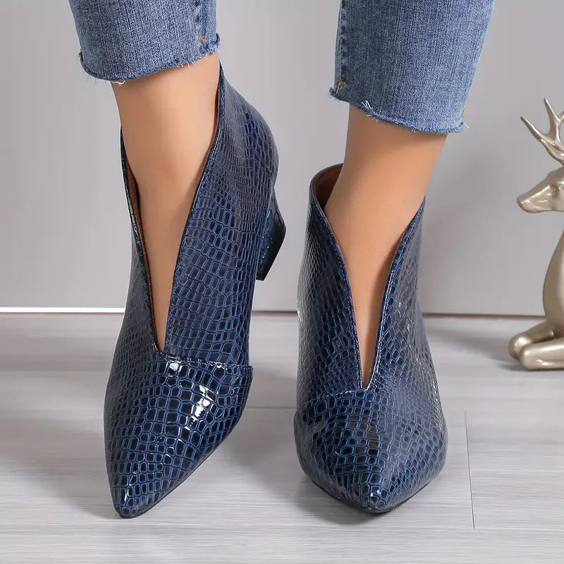 Mia | Women's Pointed Toe Croc Block Heel Ankle Boots