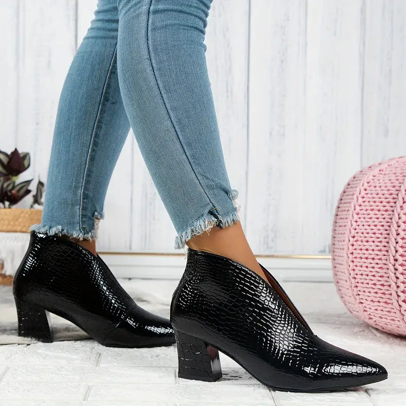 Mia | Women's Pointed Toe Croc Block Heel Ankle Boots