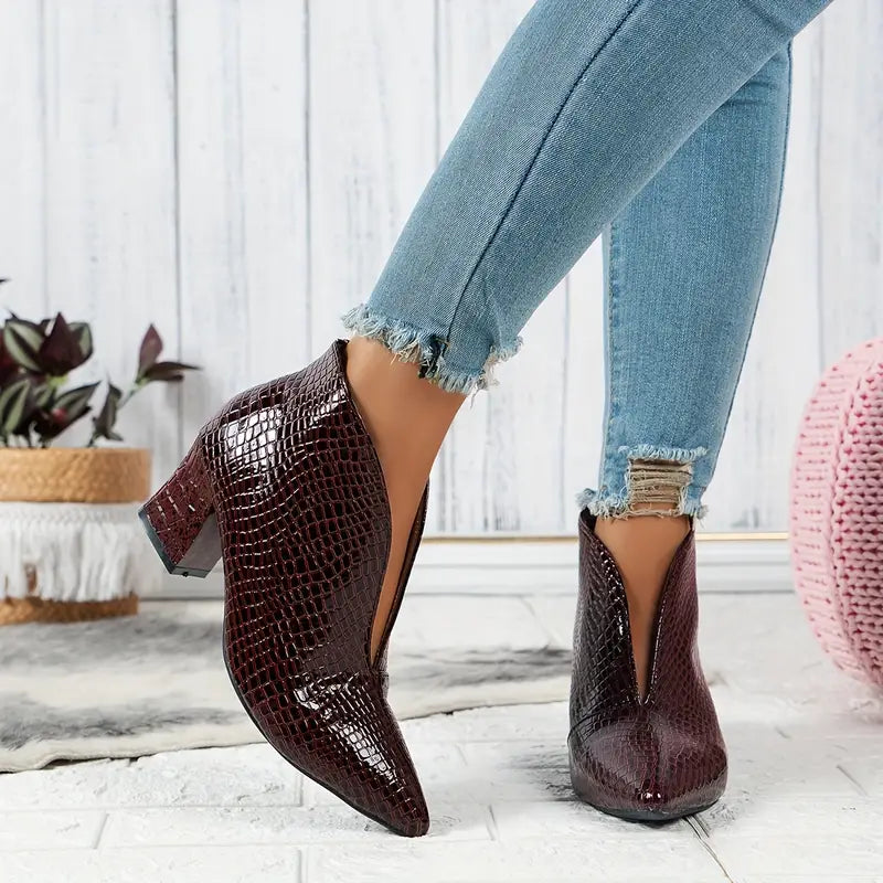 Mia | Women's Pointed Toe Croc Block Heel Ankle Boots