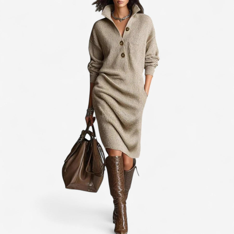Brenna | Women's Collared Button Placket Ribbed Midi Sweater Dress