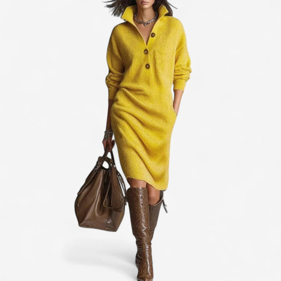 Brenna | Women's Collared Button Placket Ribbed Midi Sweater Dress