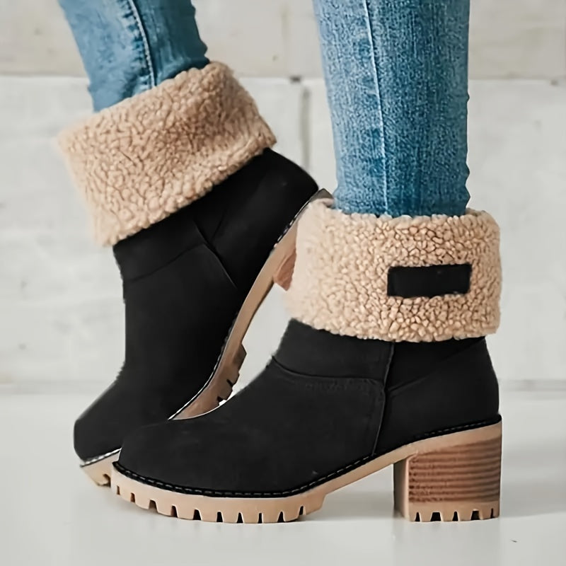 Ella | Women's Fleece Cuff Block Heel Mid Calf Boots