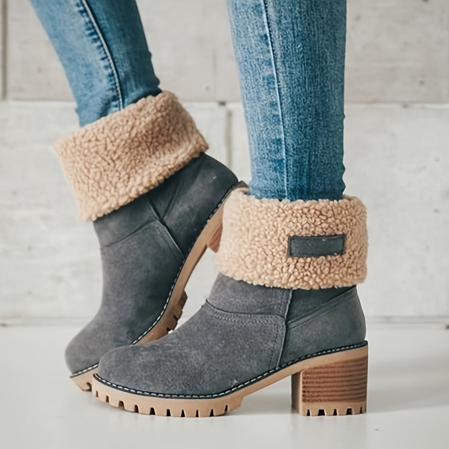 Ella | Women's Fleece Cuff Block Heel Mid Calf Boots