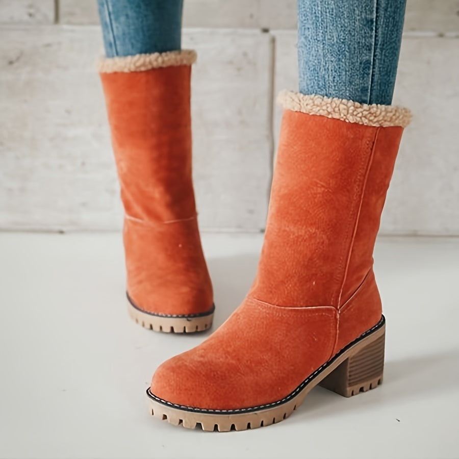 Ella | Women's Fleece Cuff Block Heel Mid Calf Boots