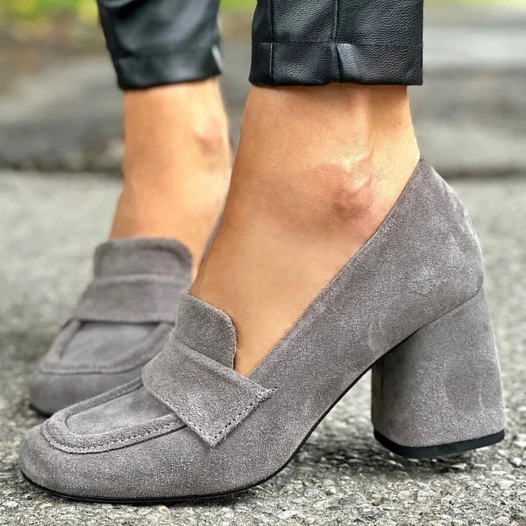 Calliope | Women's Grey Block Heel Penny Loafers