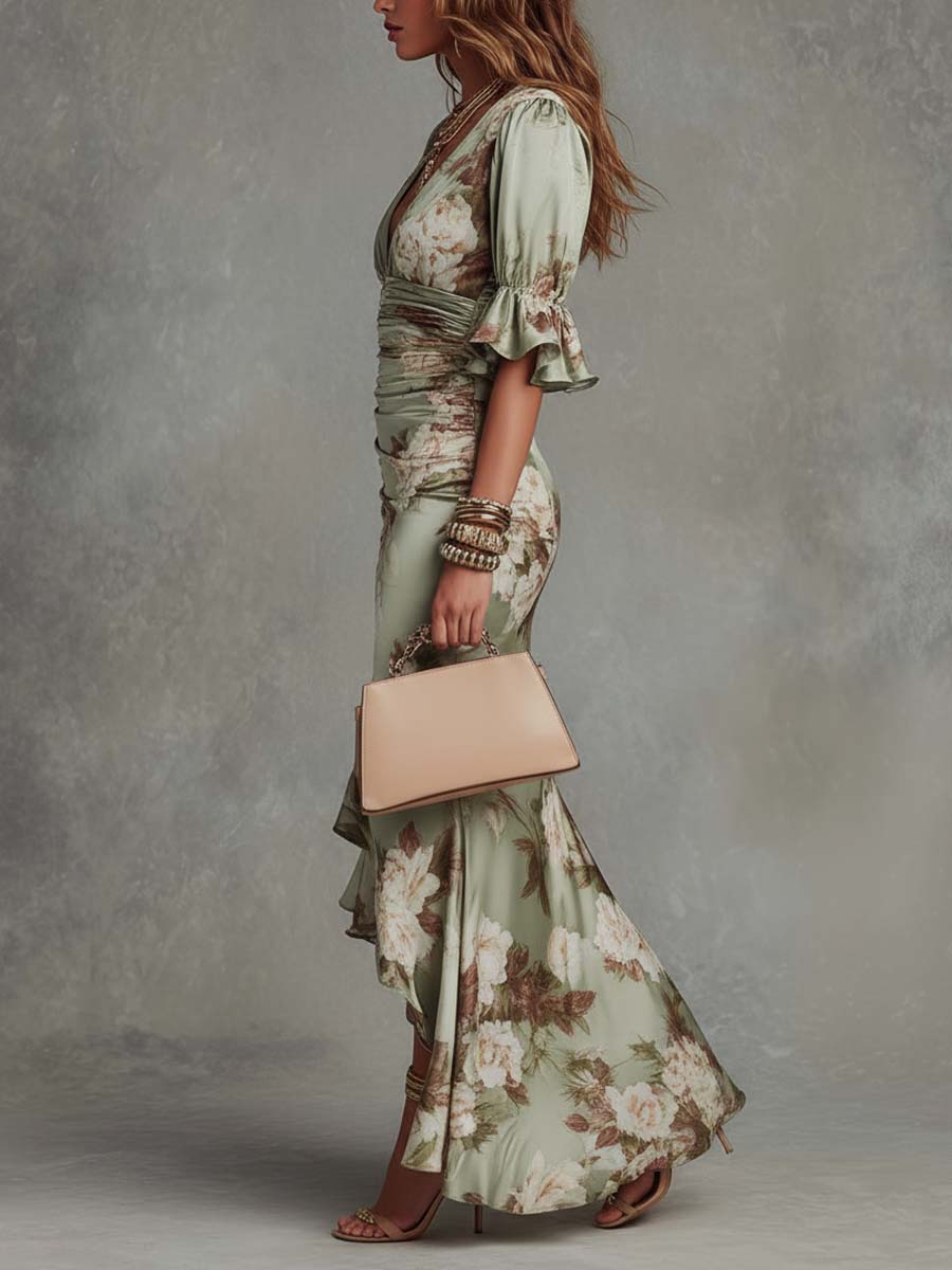 Celestia | Women's Floral V-Neck Ruffle Hem Maxi Dress