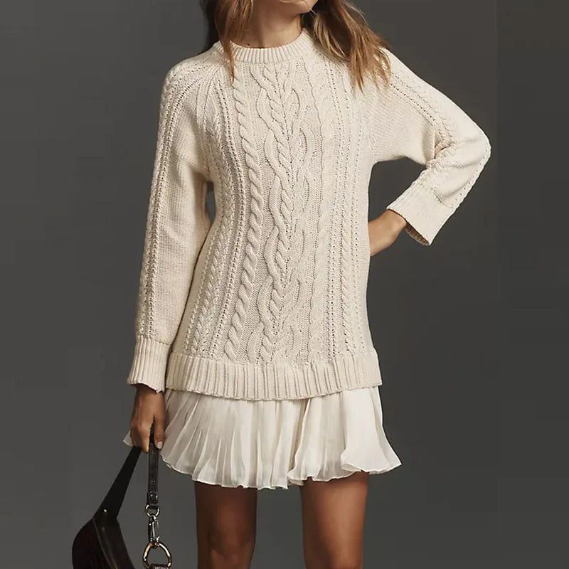 Celia | Women's Crew Neck Cable Knit Mini Sweater Dress