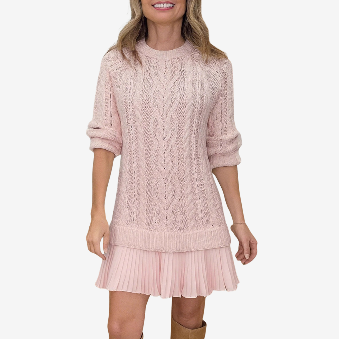 Celia | Women's Crew Neck Cable Knit Mini Sweater Dress