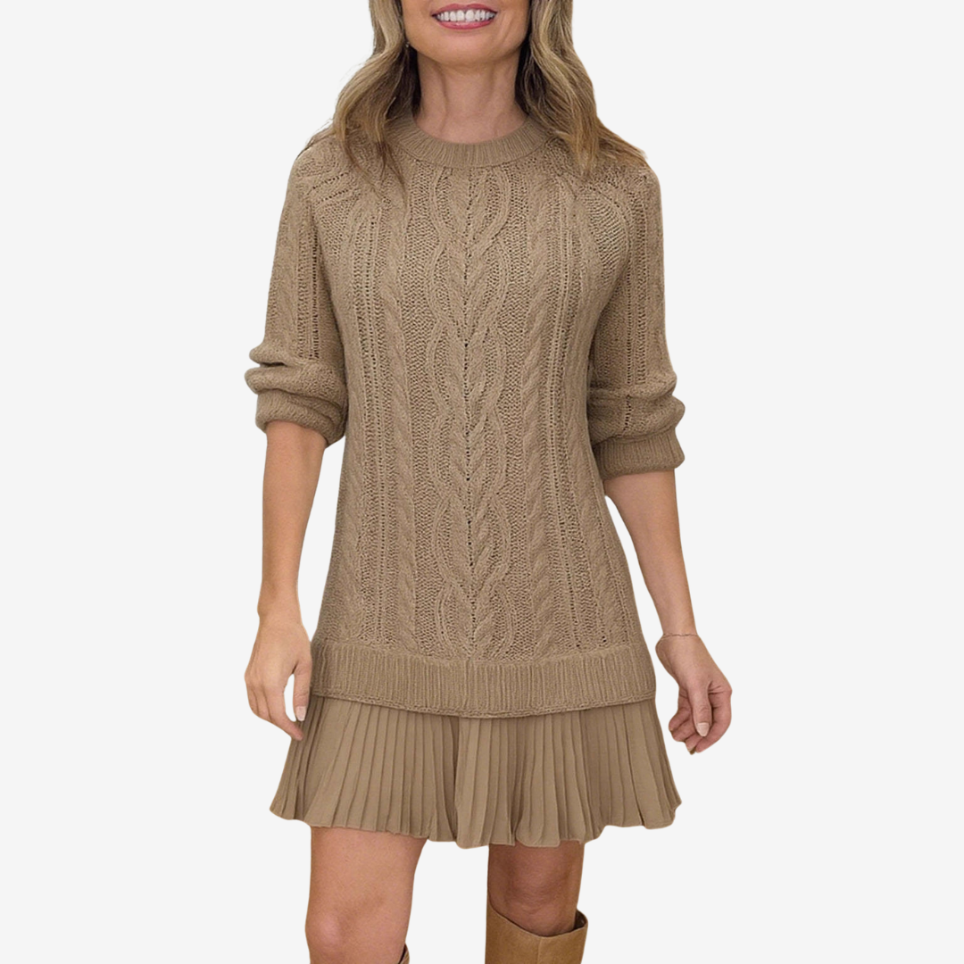 Celia | Women's Crew Neck Cable Knit Mini Sweater Dress