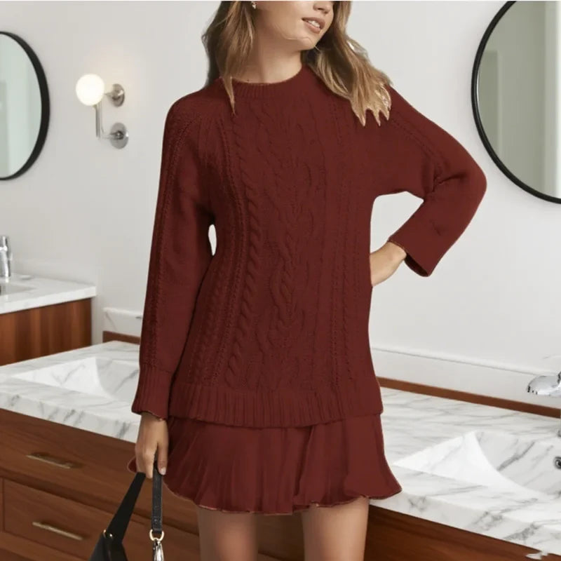 Celia | Women's Crew Neck Cable Knit Mini Sweater Dress