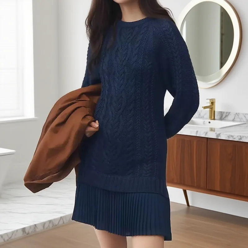 Celia | Women's Crew Neck Cable Knit Mini Sweater Dress