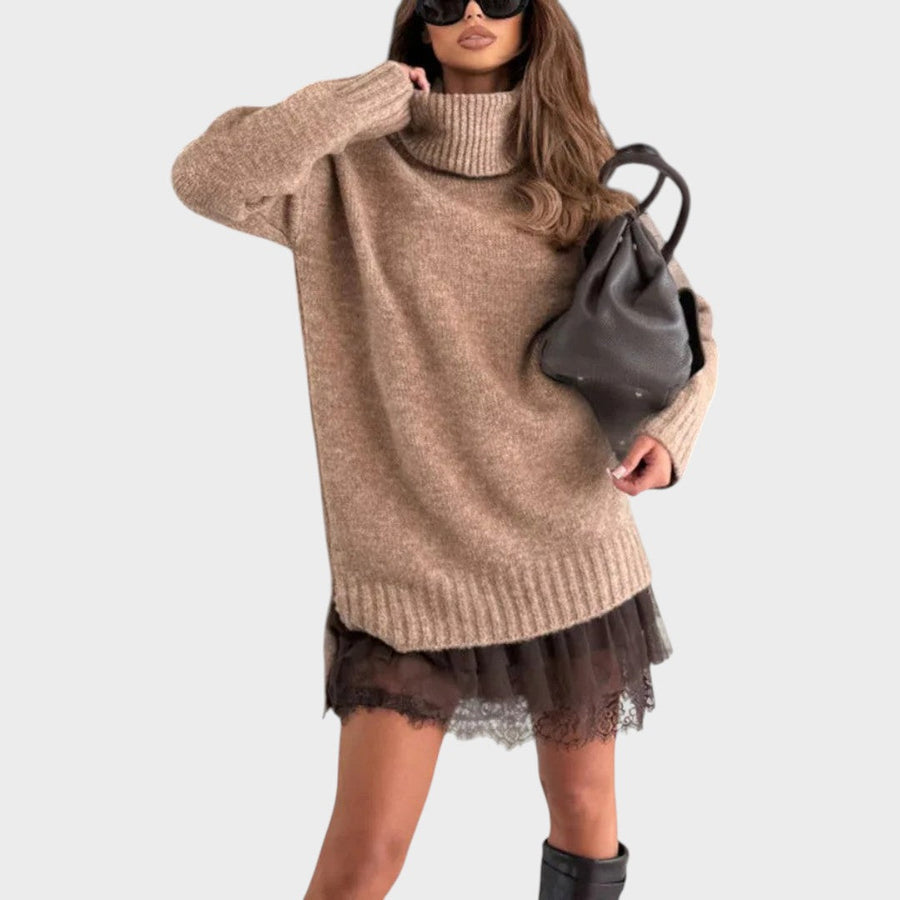 Corveth | Women's Oversized Turtleneck Lace Trim Sweater Dress
