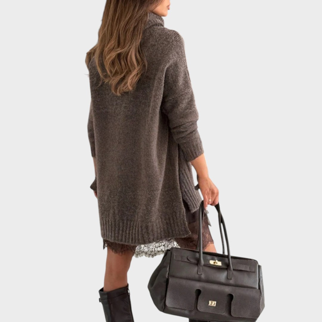 Corveth | Women's Oversized Turtleneck Lace Trim Sweater Dress