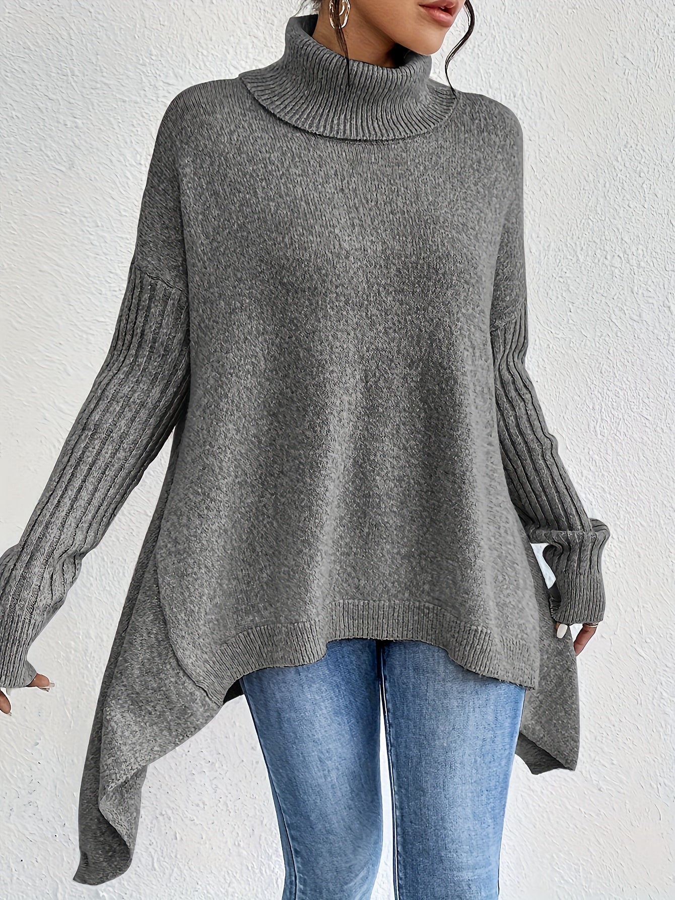 Audrey | Women's High Neck Asymmetrical Drape Knit Sweater