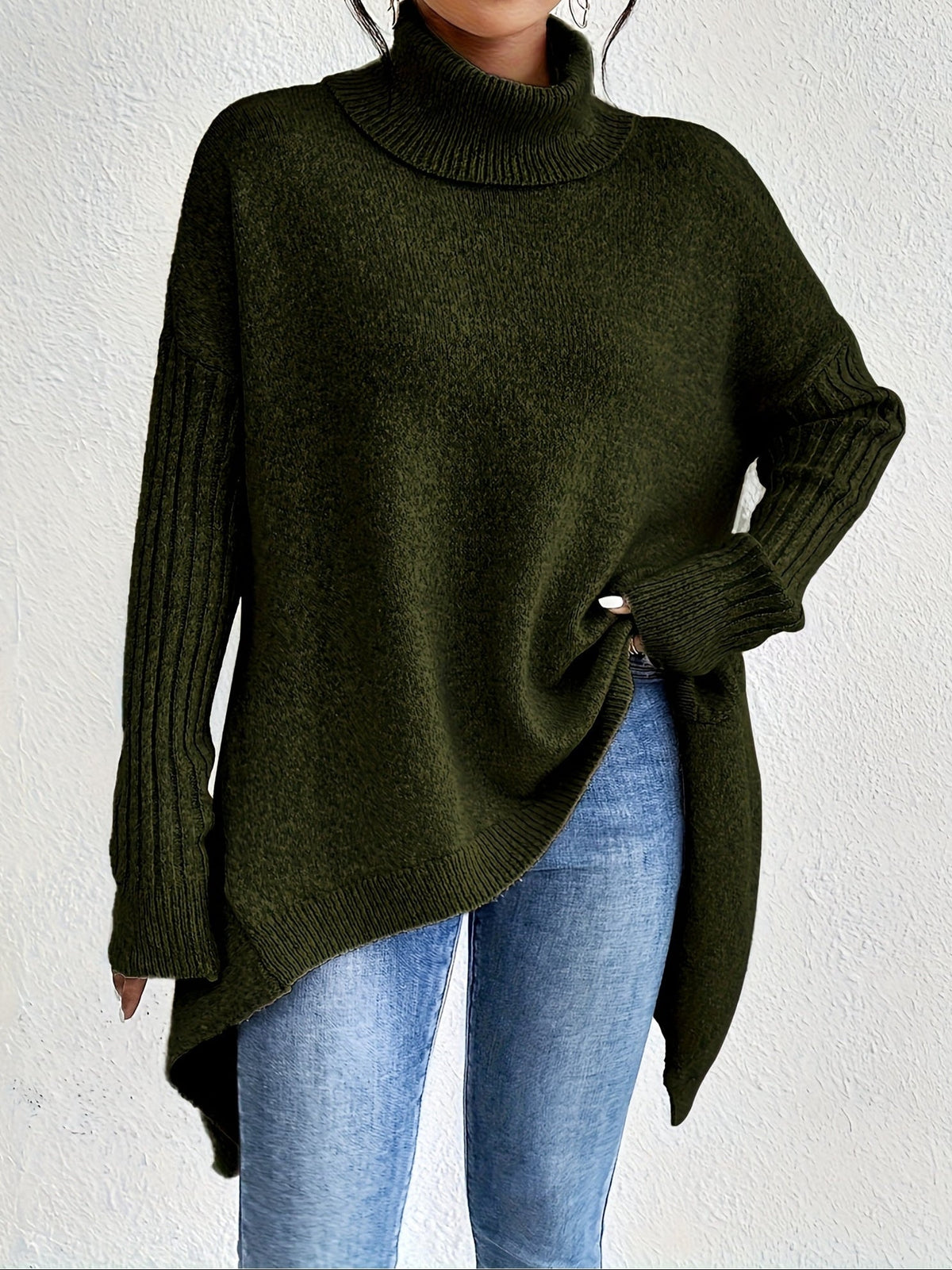 Audrey | Women's High Neck Asymmetrical Drape Knit Sweater