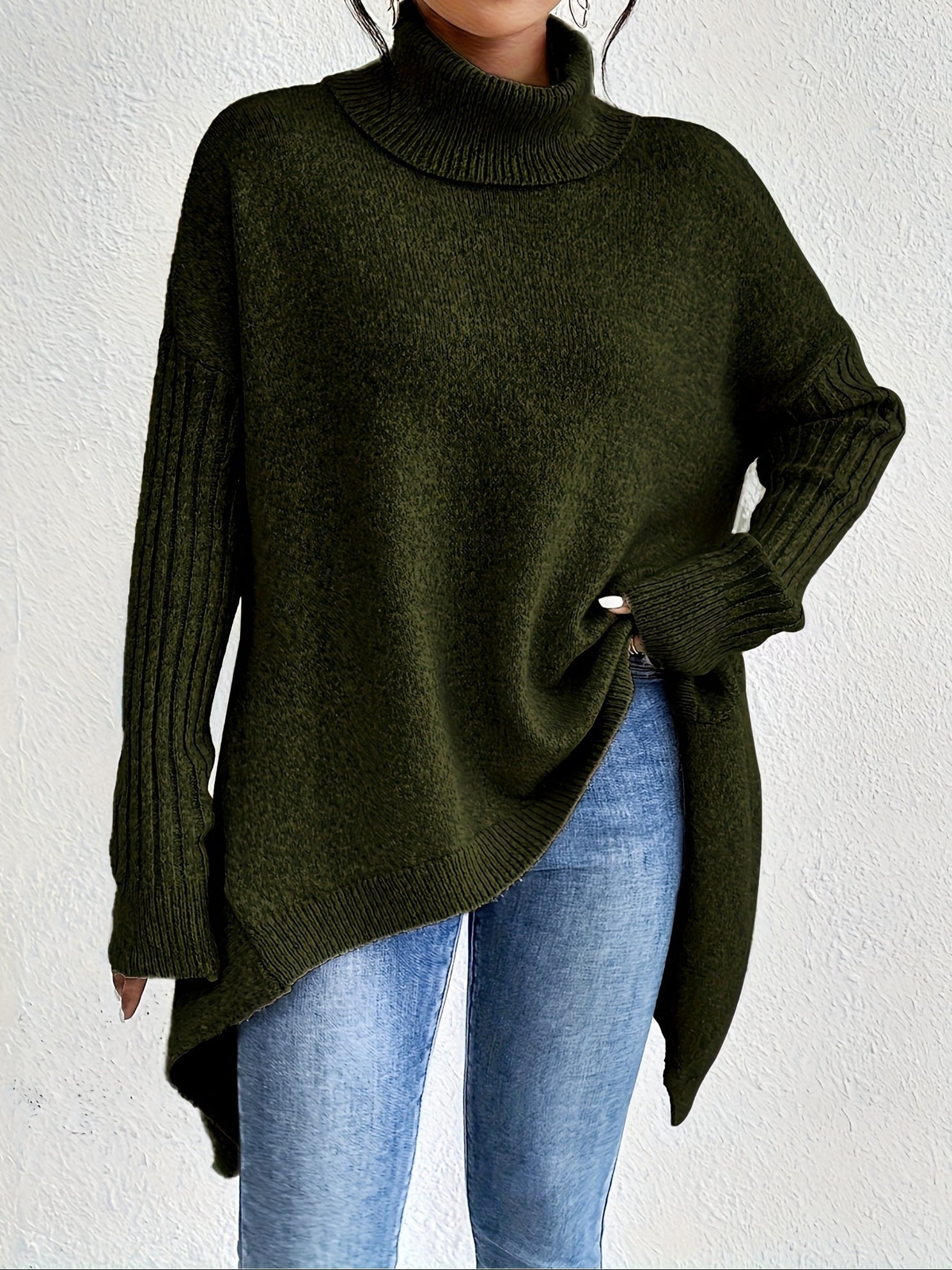Audrey | Women's High Neck Asymmetrical Drape Knit Sweater