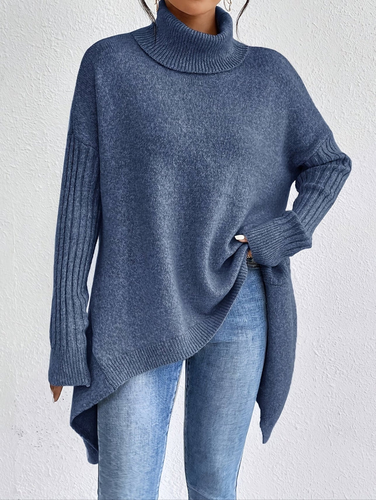 Audrey | Women's High Neck Asymmetrical Drape Knit Sweater