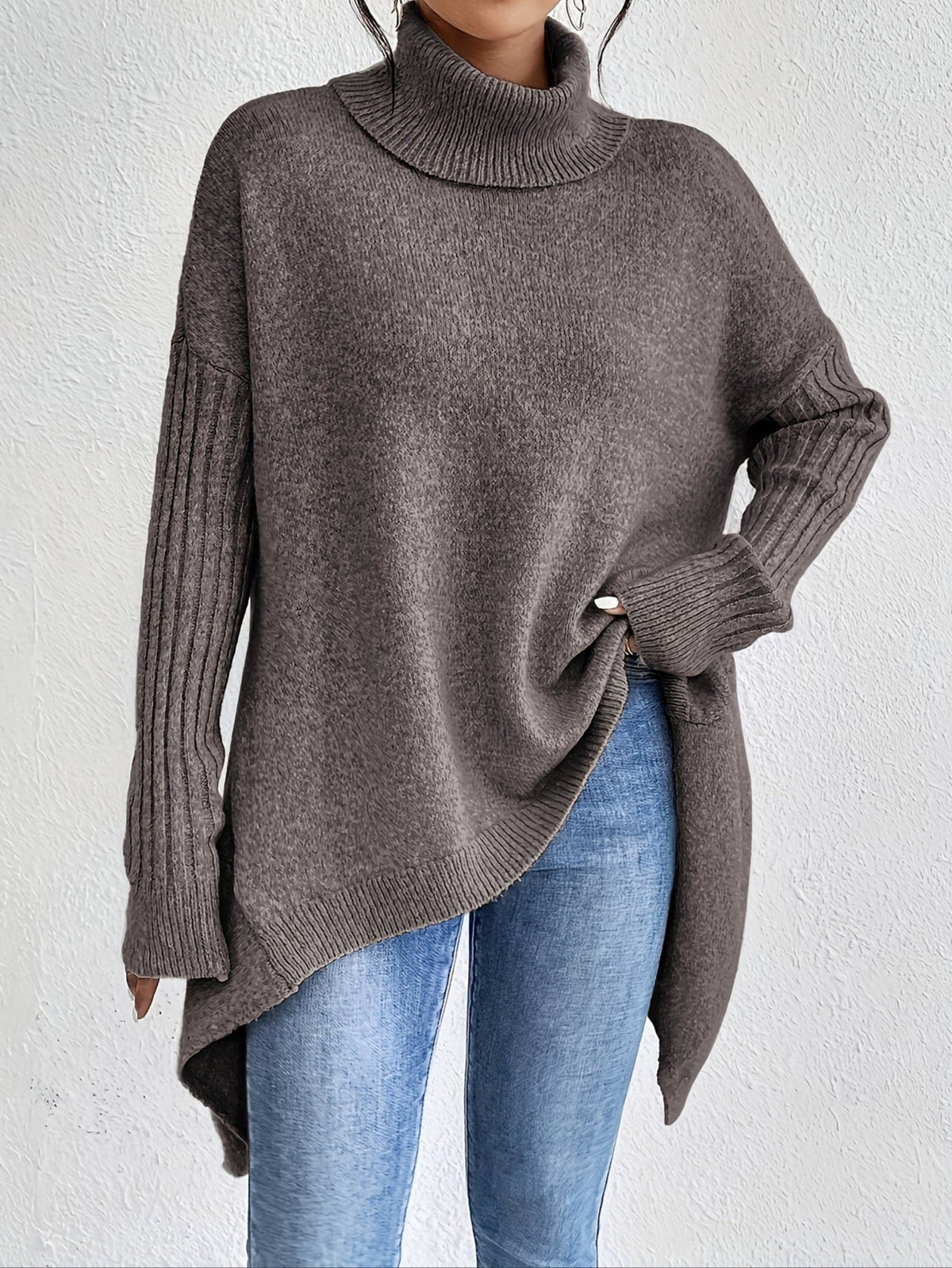 Audrey | Women's High Neck Asymmetrical Drape Knit Sweater