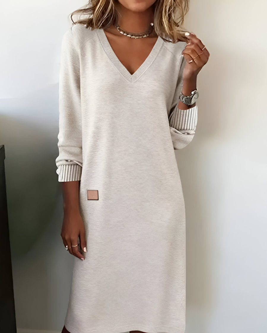 Halvine | Women's V-Neck Ribbed Cuff Sweater Dress