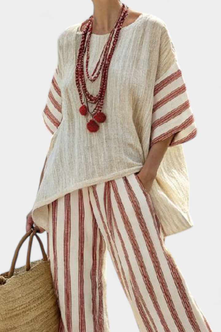 Braelith | Haut Rayé Rustique Élégant & Pantalons en Lin Crème
