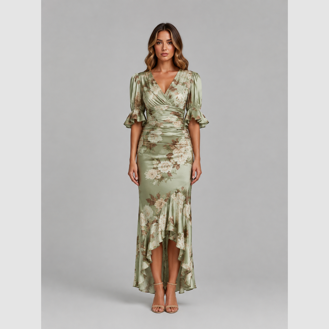 Celestia | Women's Floral V-Neck Ruffle Hem Maxi Dress
