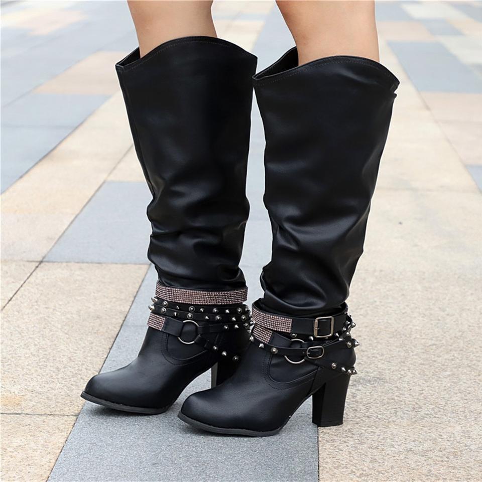 Hannah | Women's Rhinestone Strap Slouchy Knee High Boots