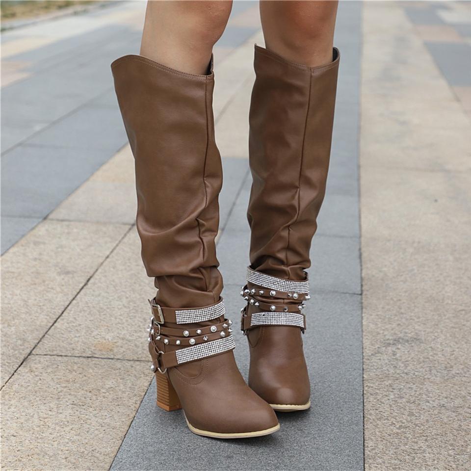 Hannah | Women's Rhinestone Strap Slouchy Knee High Boots