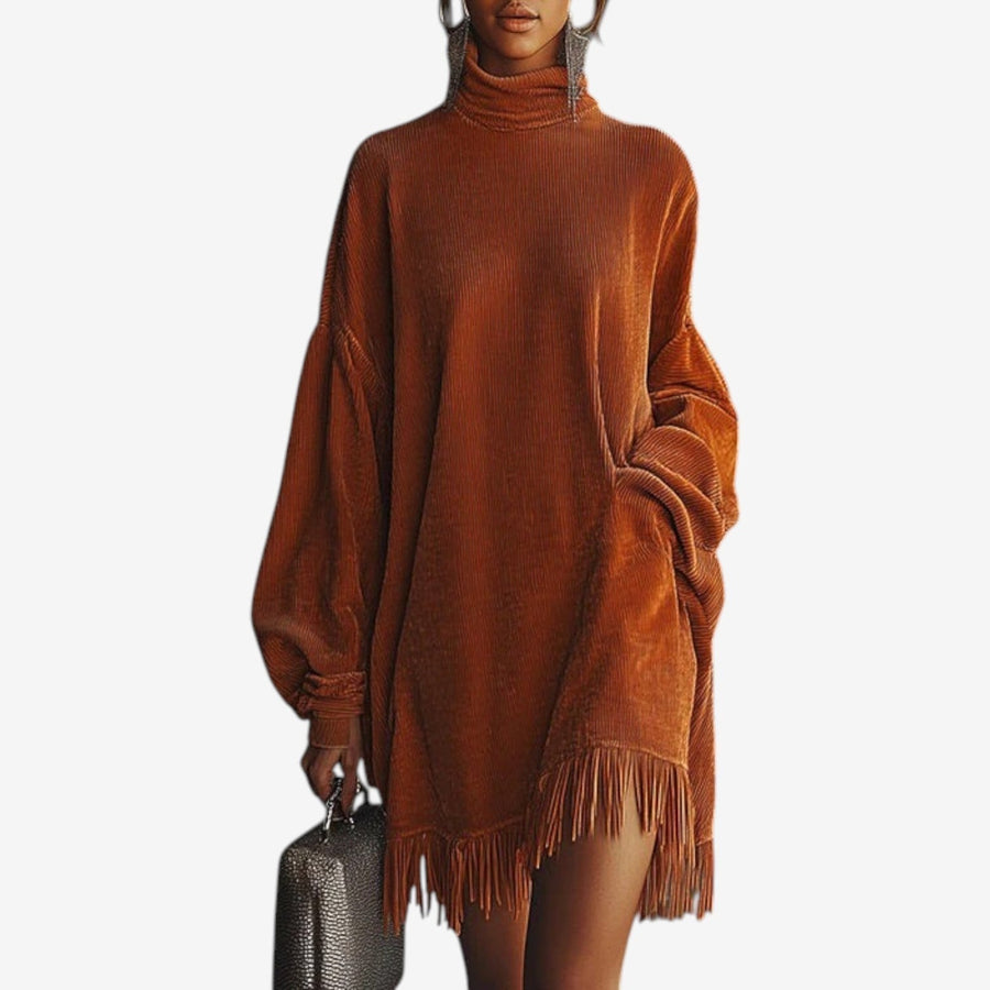 Inge | Women's Turtleneck Fringe Hem Knit Sweater Dress
