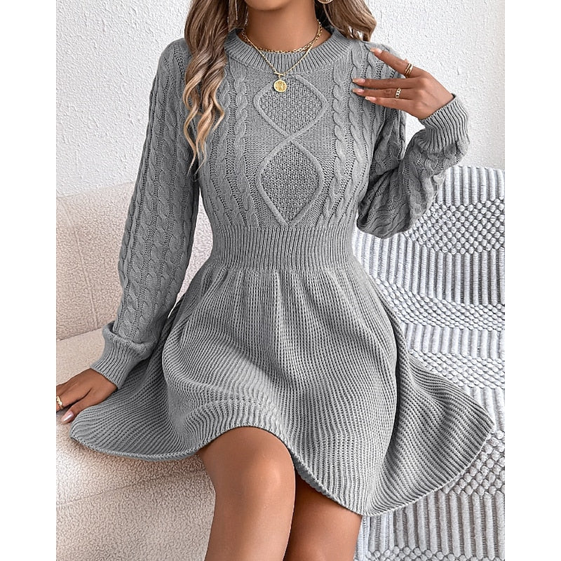 Marvyn | Women's Fitted Waist Flared Cable Knit Sweater Dress