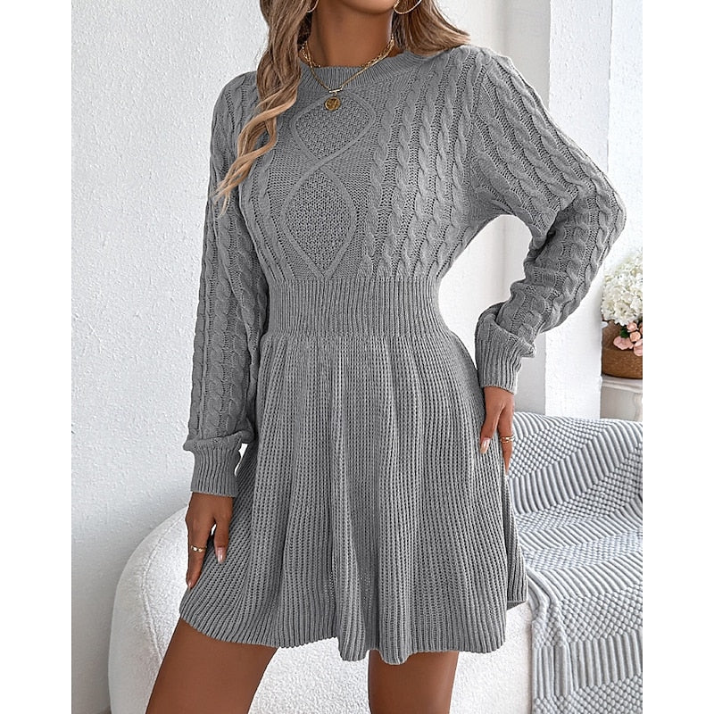 Marvyn | Women's Fitted Waist Flared Cable Knit Sweater Dress