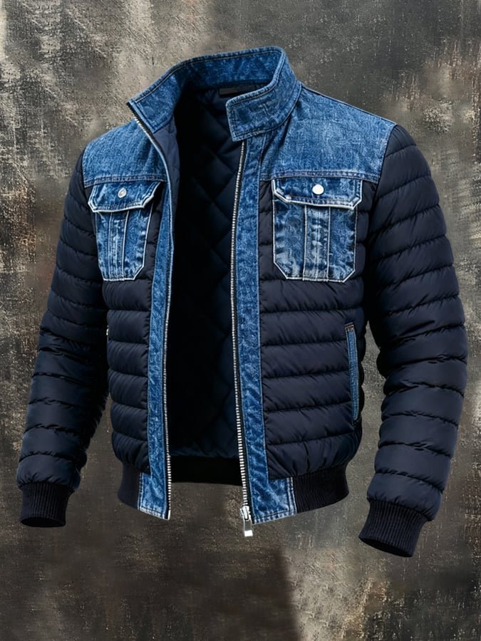 Muhammad | Men's Denim Bomber Jacket Padded Windproof Winter Outerwear