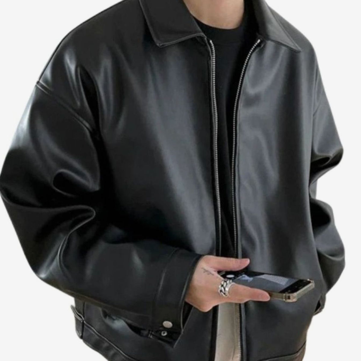 Leo | Mens Slim Fit Faux Leather Zip-Up Bomber Jacket Oversized