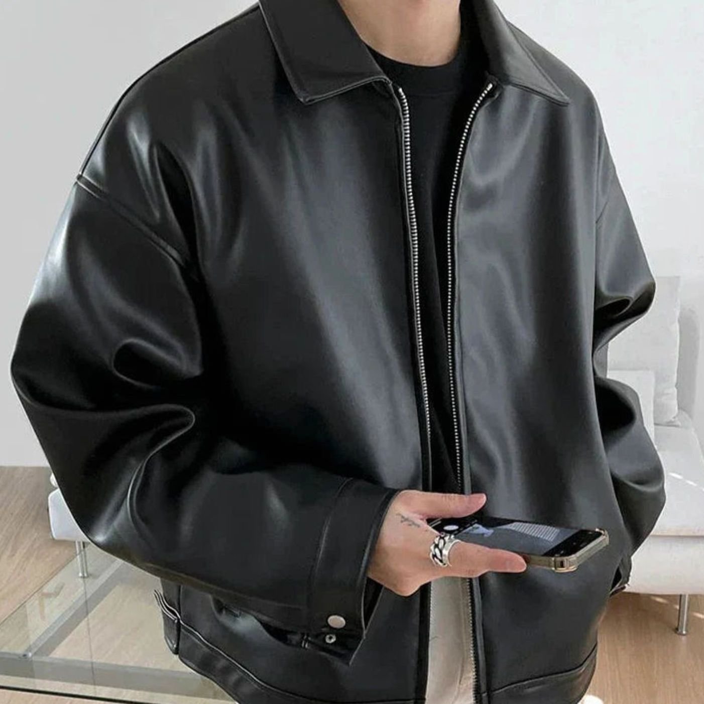 Leo | Mens Slim Fit Faux Leather Zip-Up Bomber Jacket Oversized