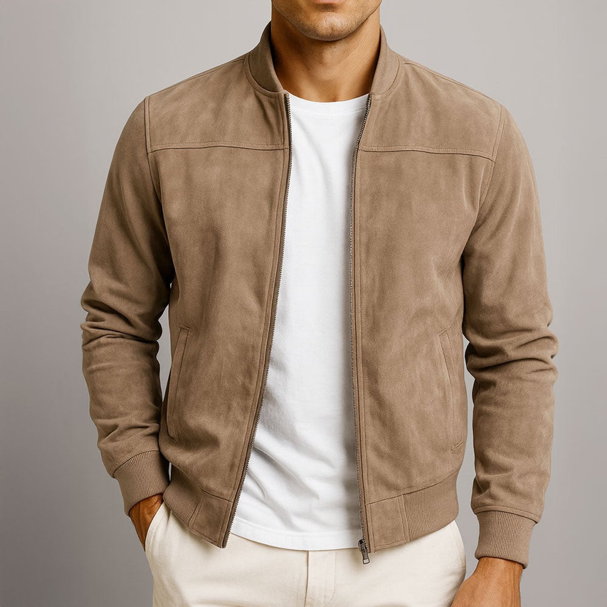 Henry | Mens Slim Fit Suede Bomber Jacket Full Zip
