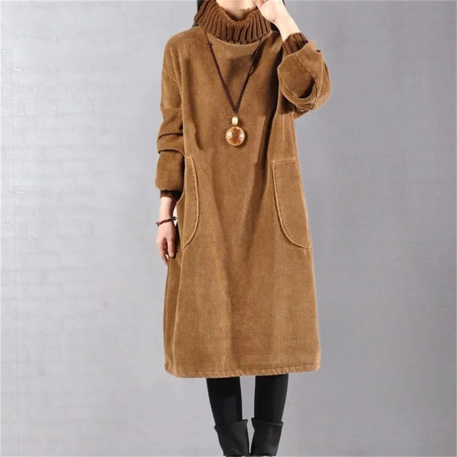 Kordula | Women's Corduroy Turtleneck A-Line Midi Sweater Dress