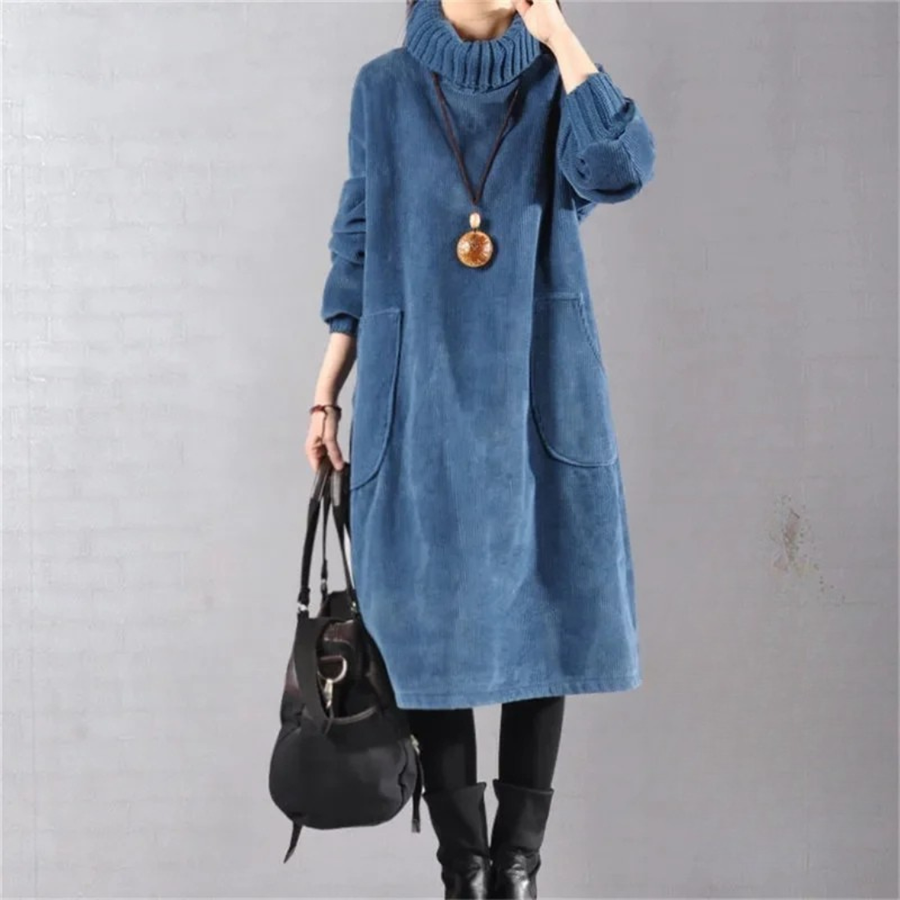 Kordula | Women's Corduroy Turtleneck A-Line Midi Sweater Dress