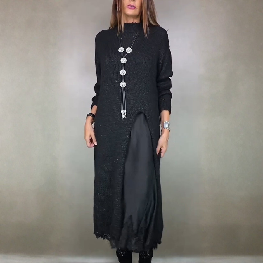 Nevara | Women's Layered Mock Neck Midi Slip Sweater Dress