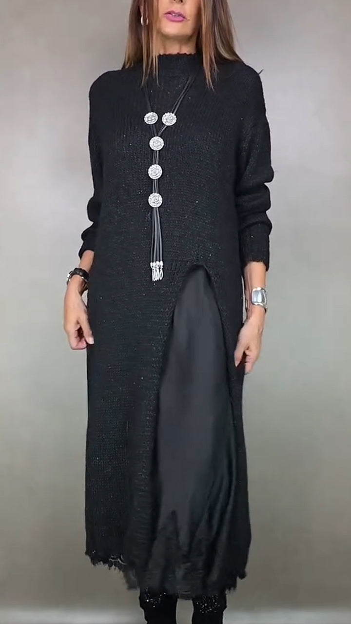 Nevara | Women's Layered Mock Neck Midi Slip Sweater Dress