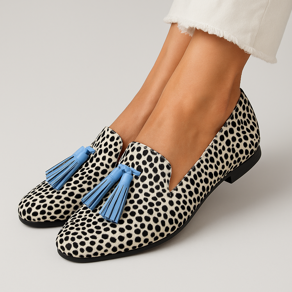 Olympianne | Women's Blue Polka Dot Tassel Loafers