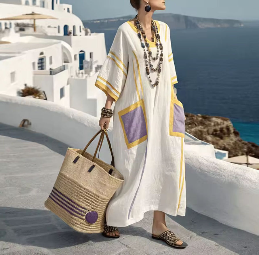 Robe Caftan "Mila" aux Poches Lavande et Détails Solaires