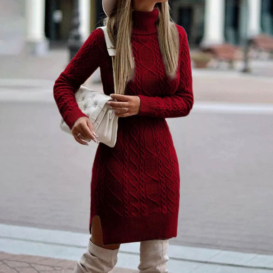 Rosalba | Women's Cable Knit Turtleneck Side Slit Sweater Dress
