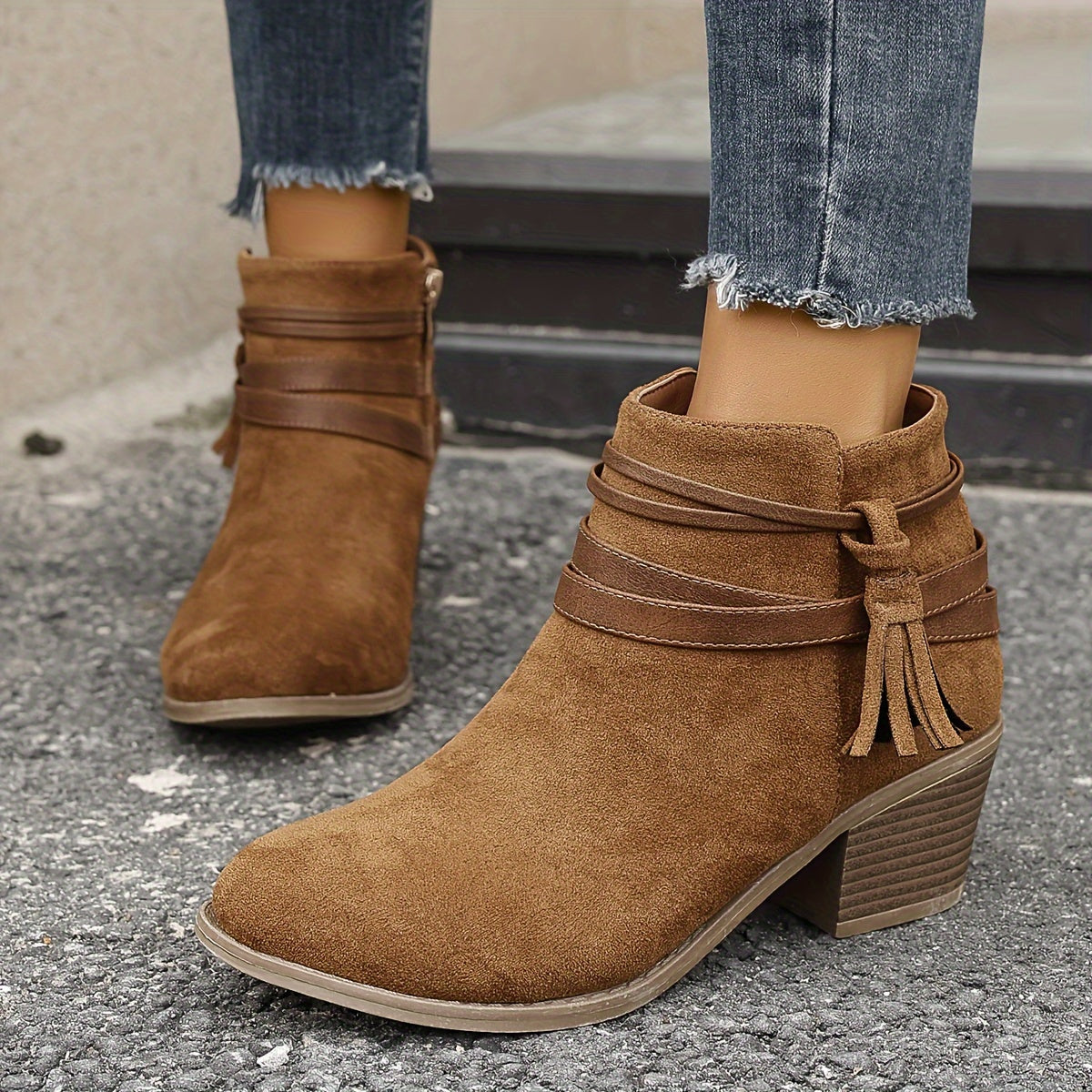 Emily | Women's Suede Strappy Block Heel Ankle Boots