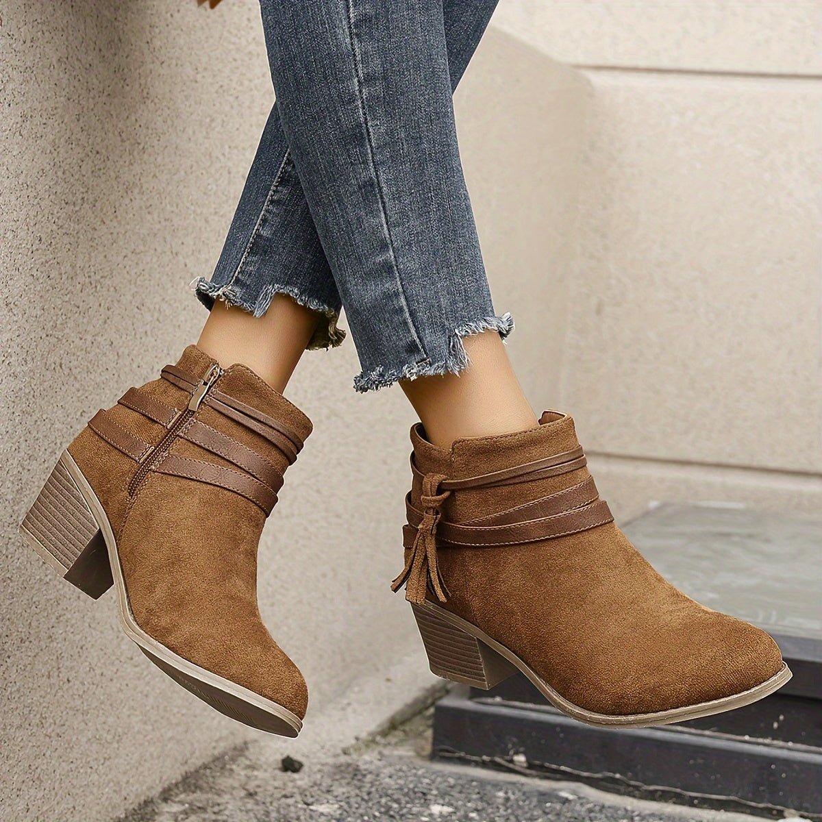 Emily | Women's Suede Strappy Block Heel Ankle Boots
