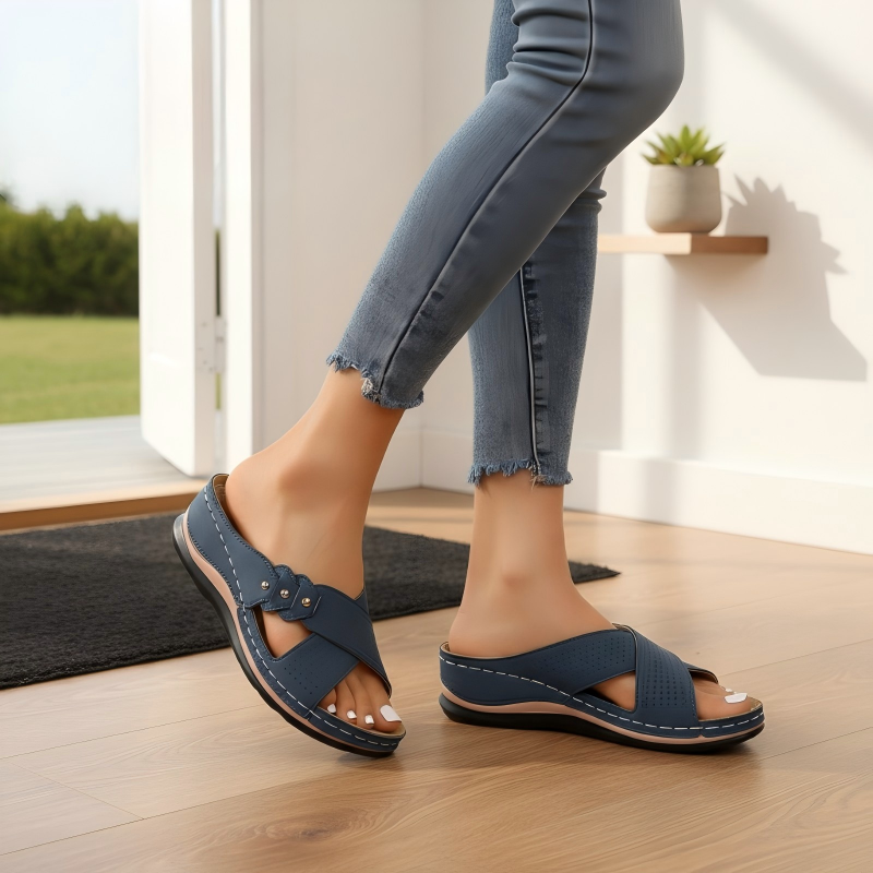 Jessavelle | Women's Perforated Strap Cushioned Wedge Comfortable Slides