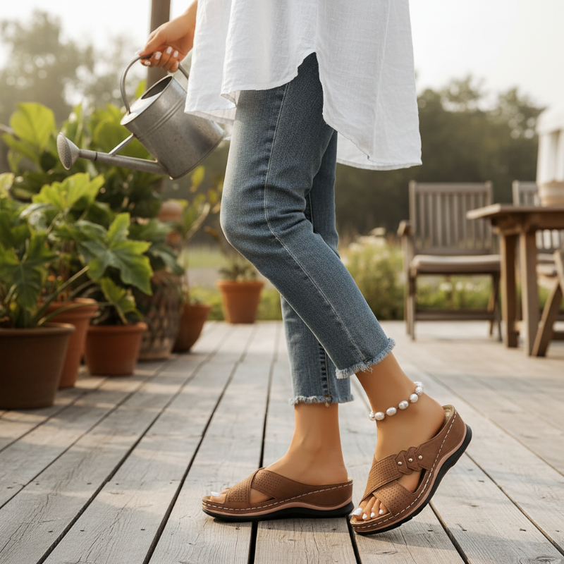 Jessavelle | Women's Perforated Strap Cushioned Wedge Comfortable Slides