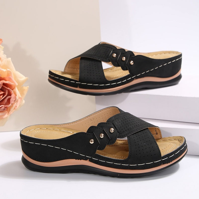 Jessavelle | Women's Perforated Strap Cushioned Wedge Comfortable Slides