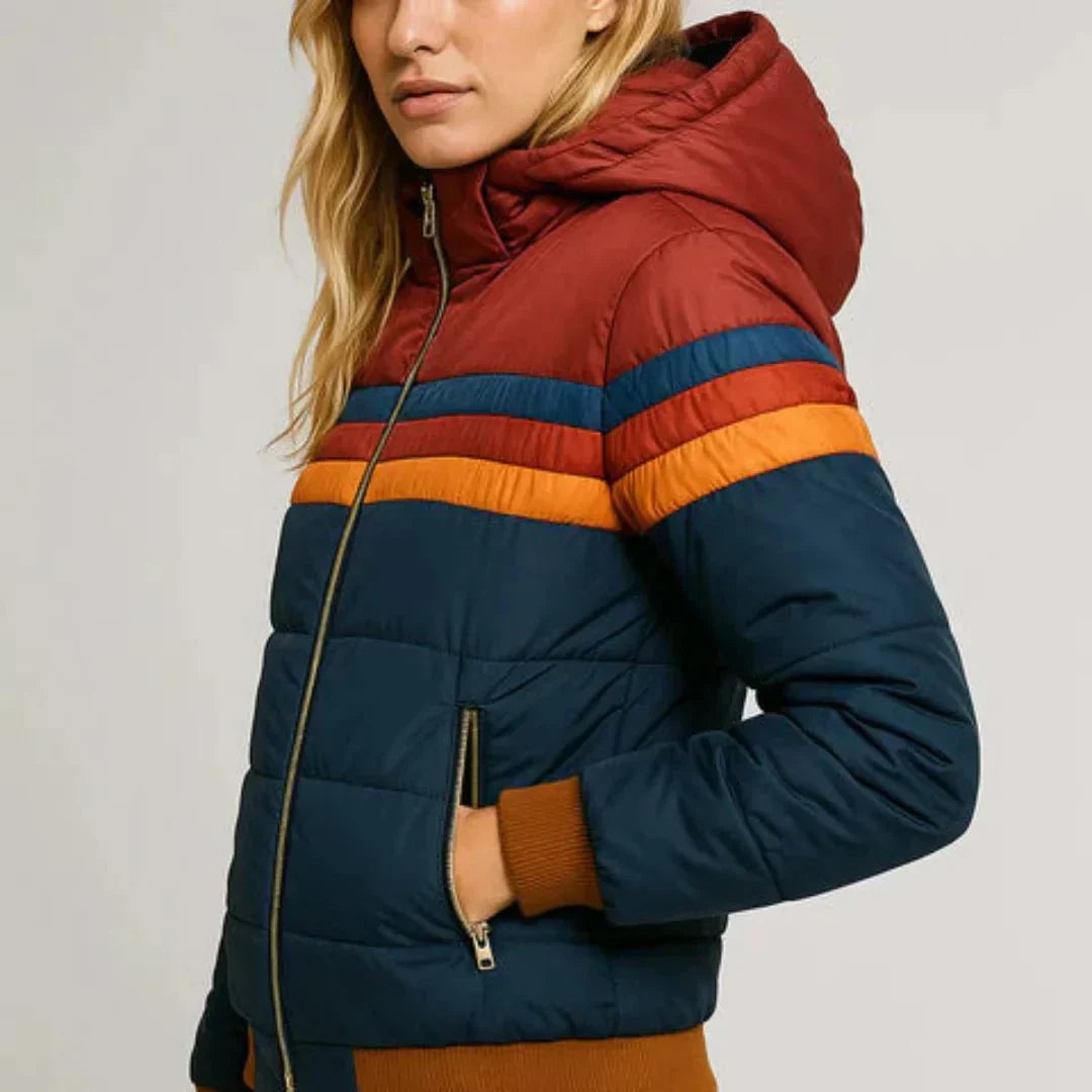 Sophia | Womens Retro Striped Zip Up Puffer Rain Jacket